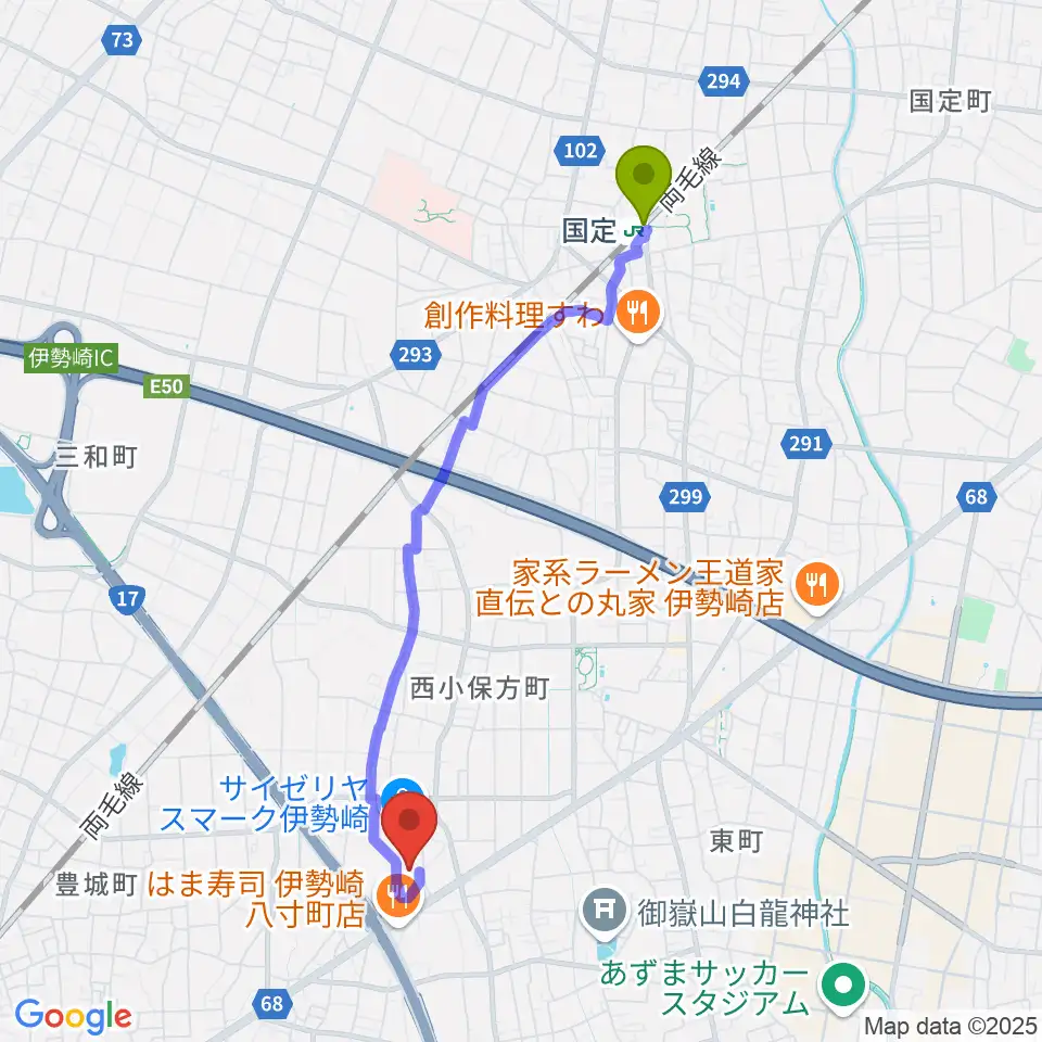 MOVIX伊勢崎の最寄駅国定駅からの徒歩ルート（約40分）地図