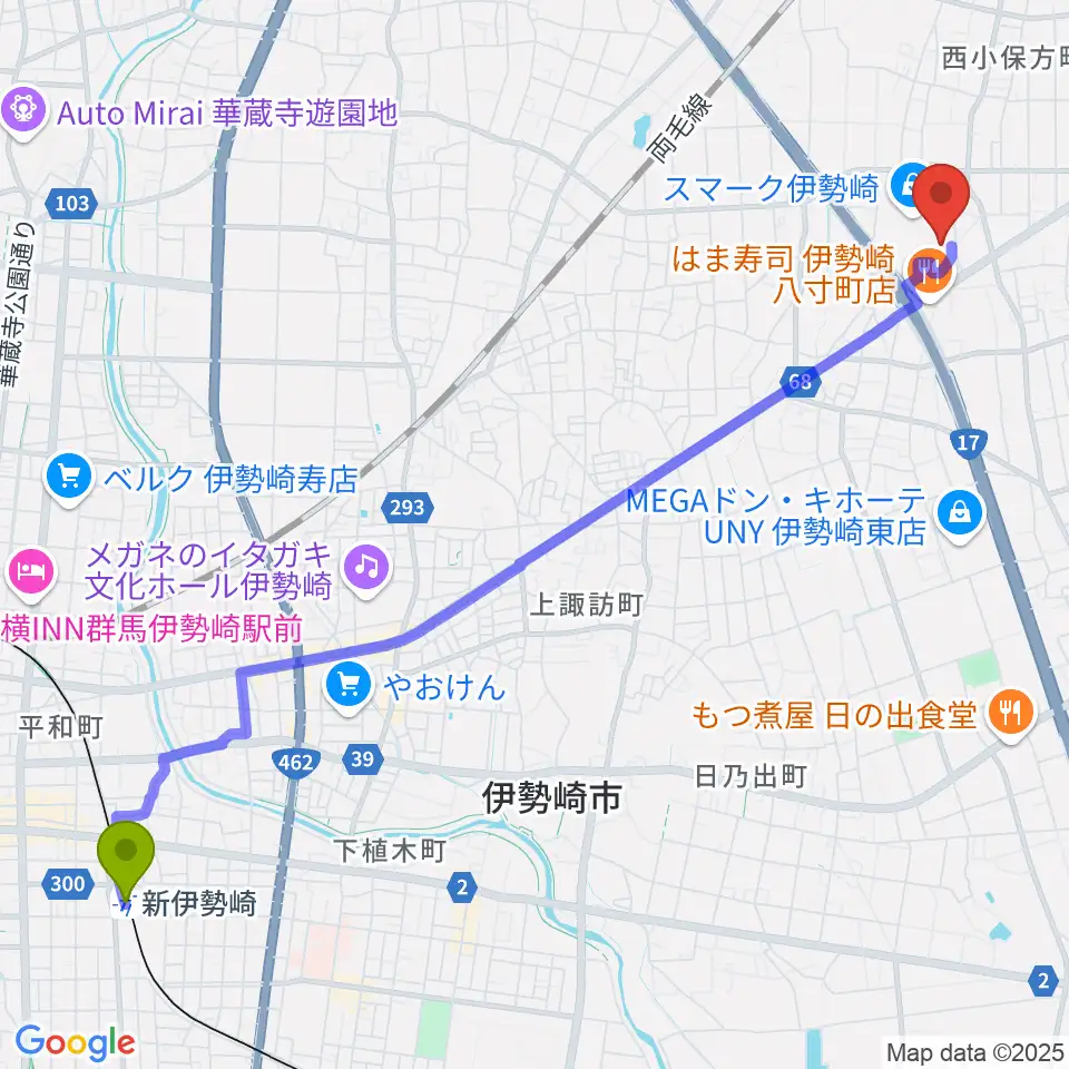 新伊勢崎駅からMOVIX伊勢崎へのルートマップ地図
