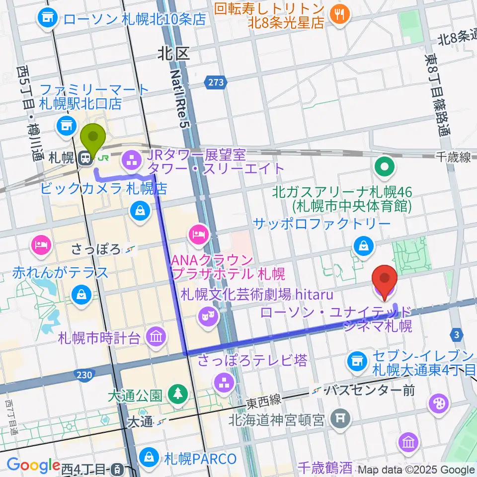 札幌駅からローソン・ユナイテッドシネマ札幌へのルートマップ地図