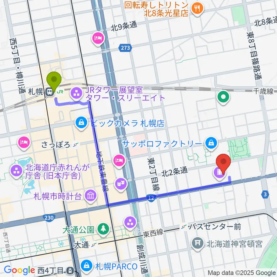 札幌駅からローソン・ユナイテッドシネマ札幌へのルートマップ地図