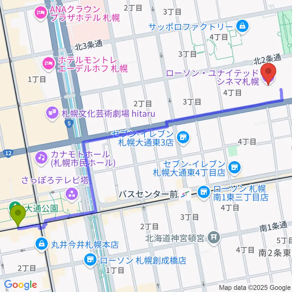 大通駅からローソン・ユナイテッドシネマ札幌へのルートマップ地図