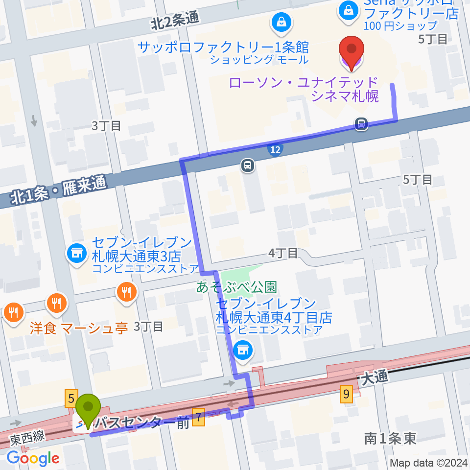 ローソン・ユナイテッドシネマ札幌の最寄駅バスセンター前駅からの徒歩ルート（約7分）地図