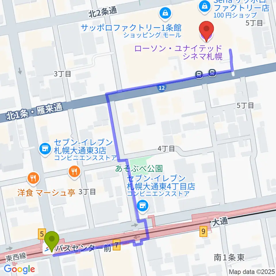 ローソン・ユナイテッドシネマ札幌の最寄駅バスセンター前駅からの徒歩ルート（約7分）地図