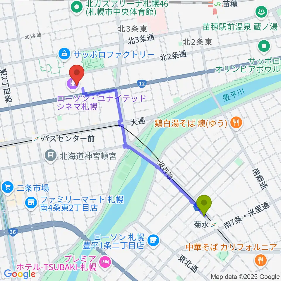 菊水駅からローソン・ユナイテッドシネマ札幌へのルートマップ地図
