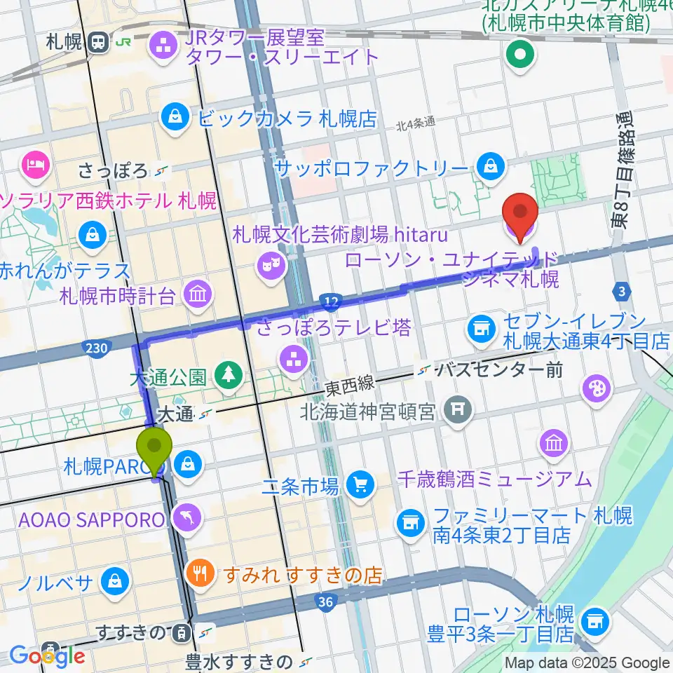 西４丁目駅からローソン・ユナイテッドシネマ札幌へのルートマップ地図