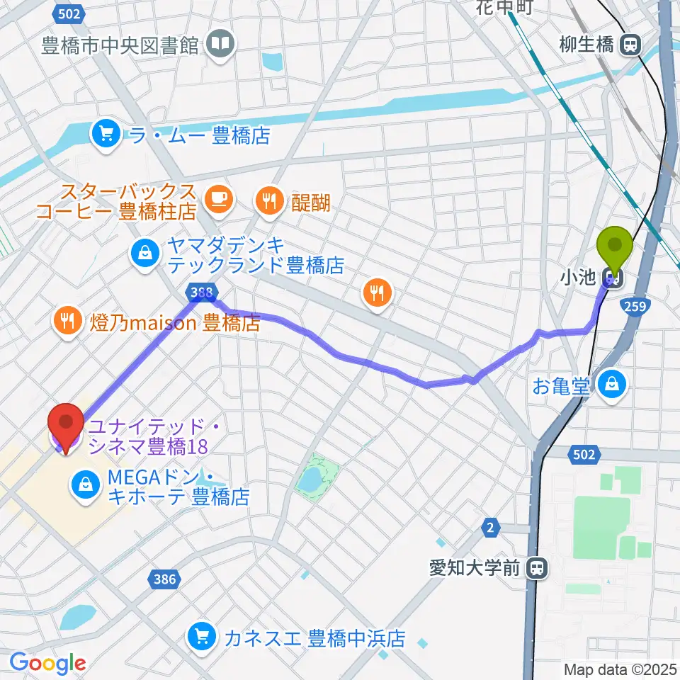 小池駅からユナイテッド・シネマ豊橋18へのルートマップ地図