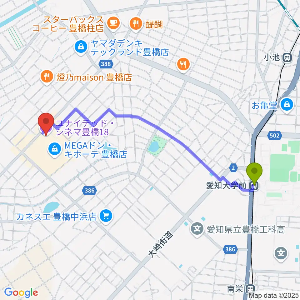 ユナイテッド・シネマ豊橋18の最寄駅愛知大学前駅からの徒歩ルート（約22分）地図