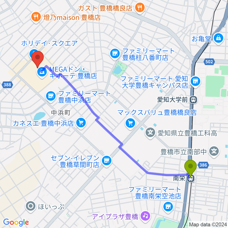 南栄駅からユナイテッド・シネマ豊橋18へのルートマップ地図