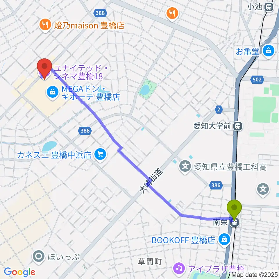 南栄駅からユナイテッド・シネマ豊橋18へのルートマップ地図