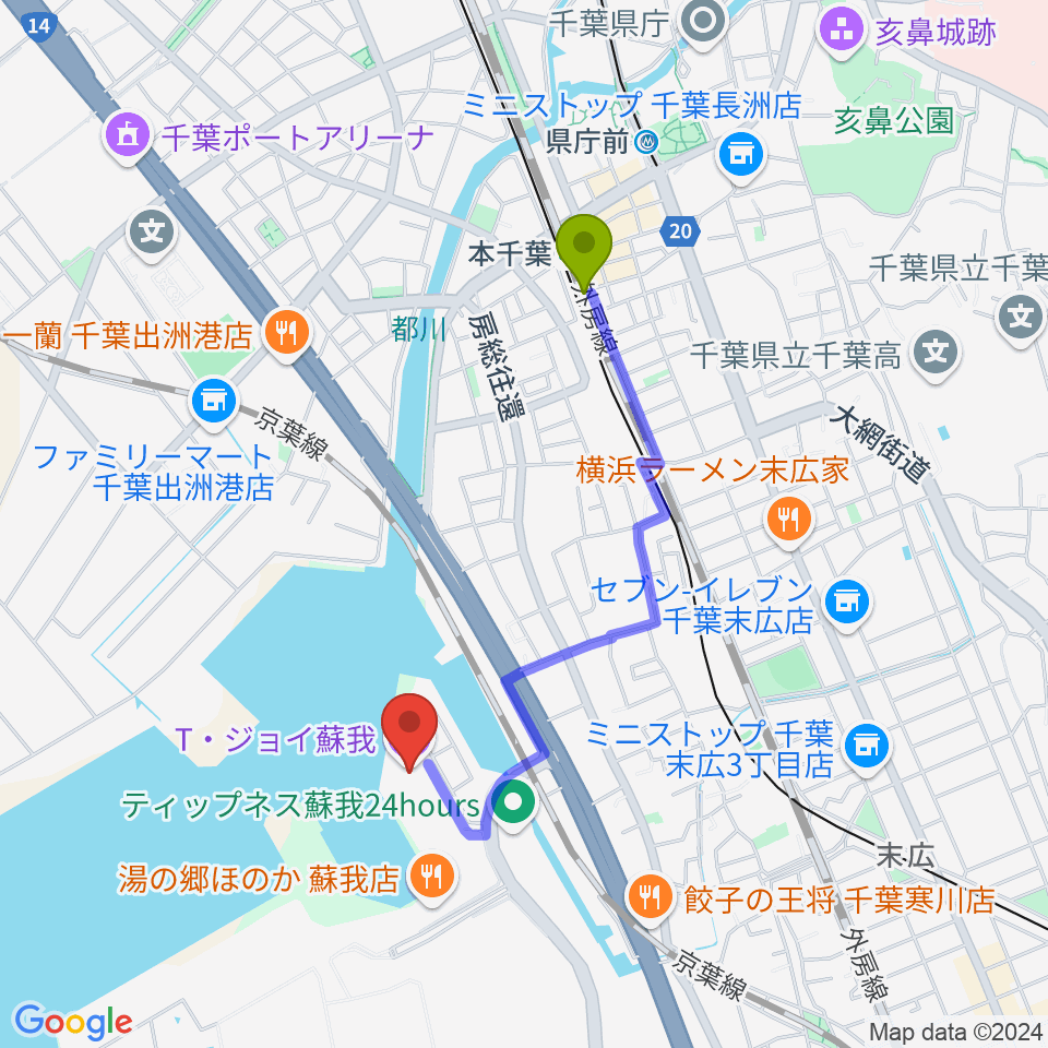 T・ジョイ蘇我の最寄駅本千葉駅からの徒歩ルート（約15分）地図