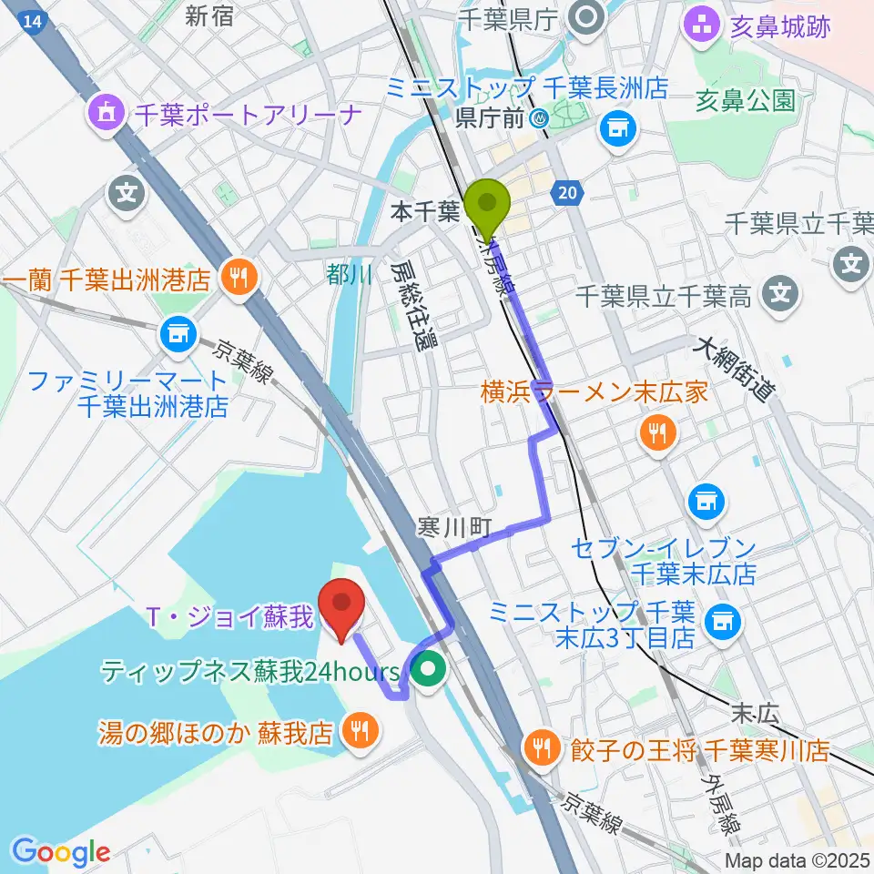 T・ジョイ蘇我の最寄駅本千葉駅からの徒歩ルート（約15分）地図