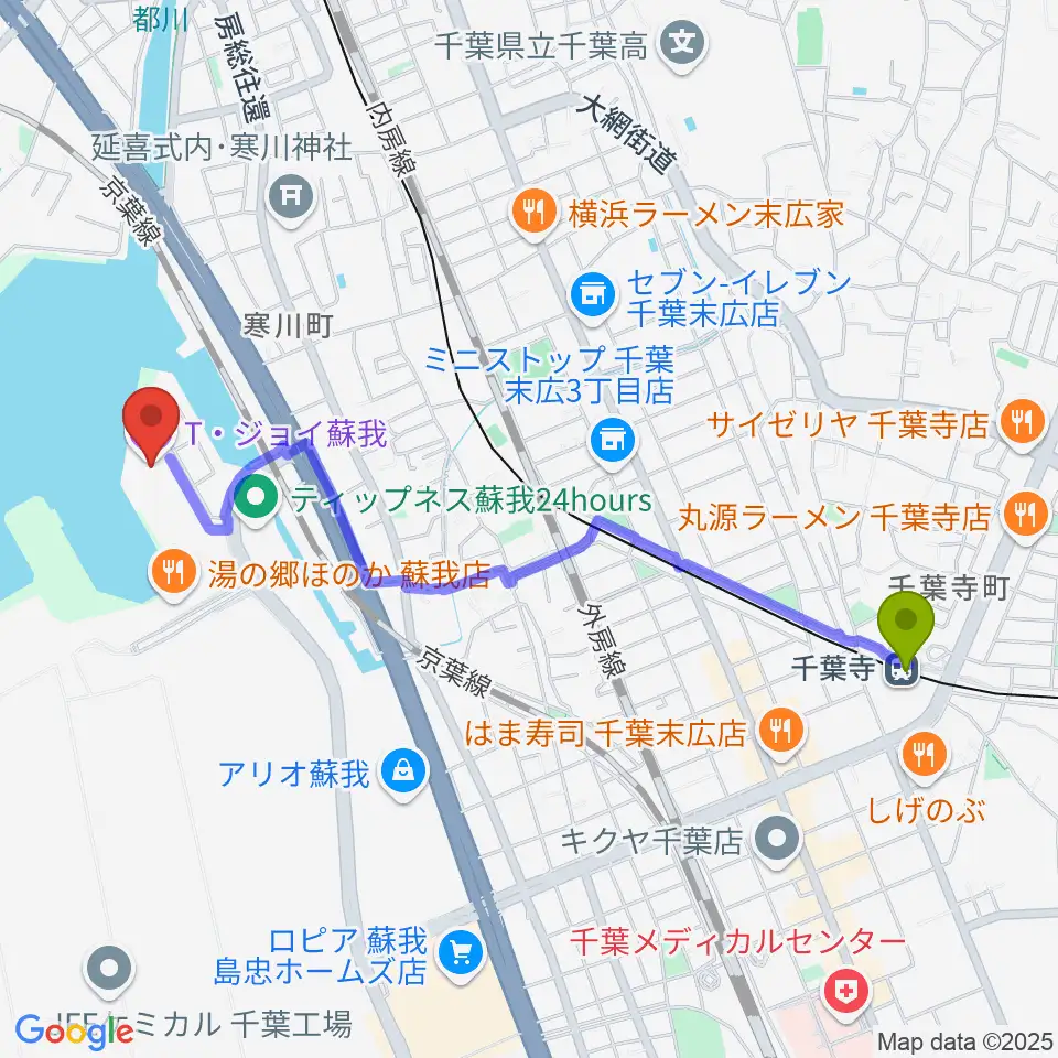 千葉寺駅からT・ジョイ蘇我へのルートマップ地図