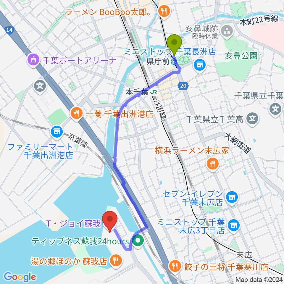 県庁前駅からT・ジョイ蘇我へのルートマップ地図