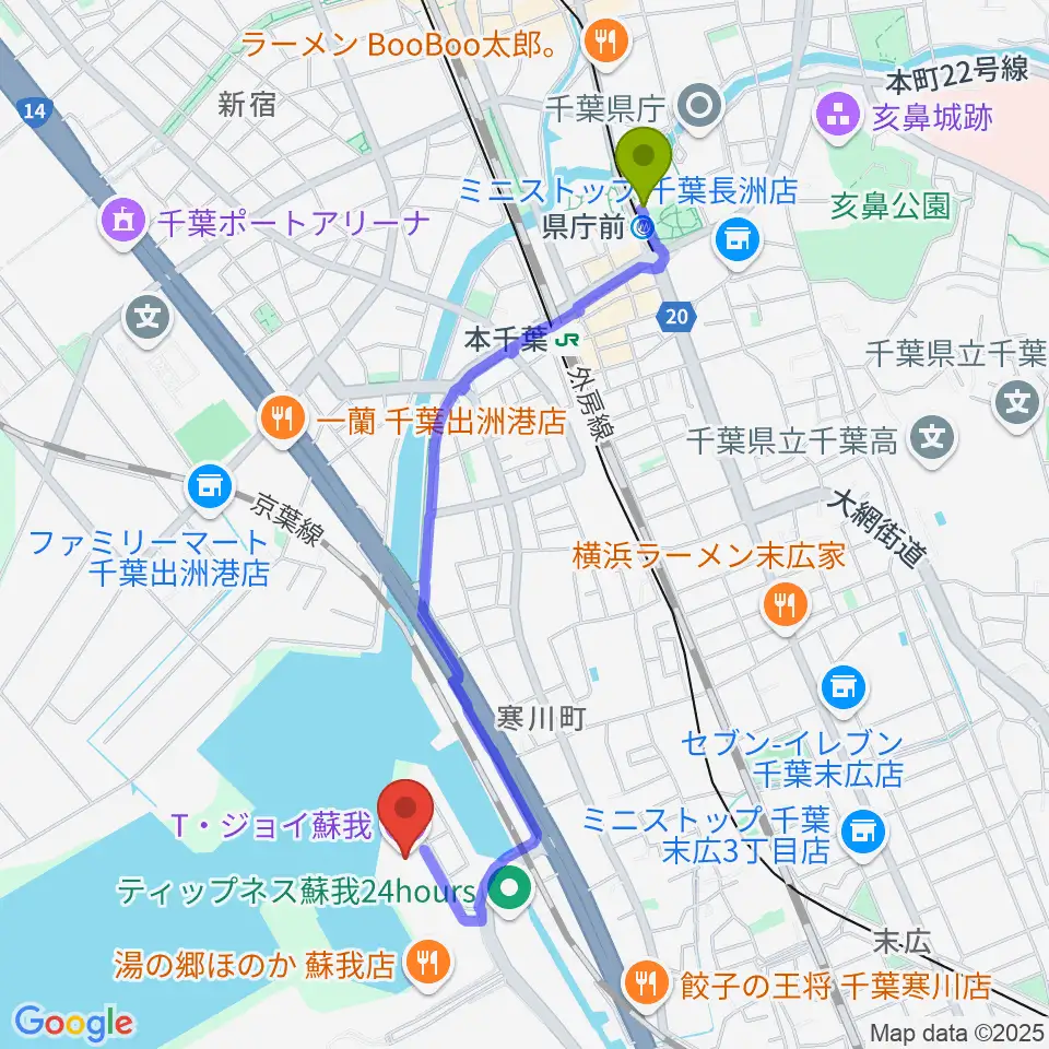 県庁前駅からT・ジョイ蘇我へのルートマップ地図