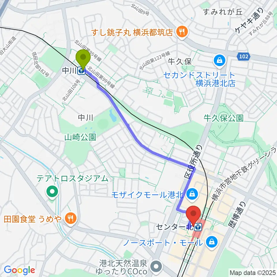 中川駅から昭和音楽大学附属音楽教室 センター北校へのルートマップ地図