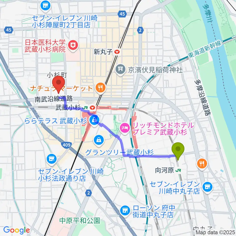 向河原駅から昭和音楽大学附属音楽教室 武蔵小杉校へのルートマップ地図