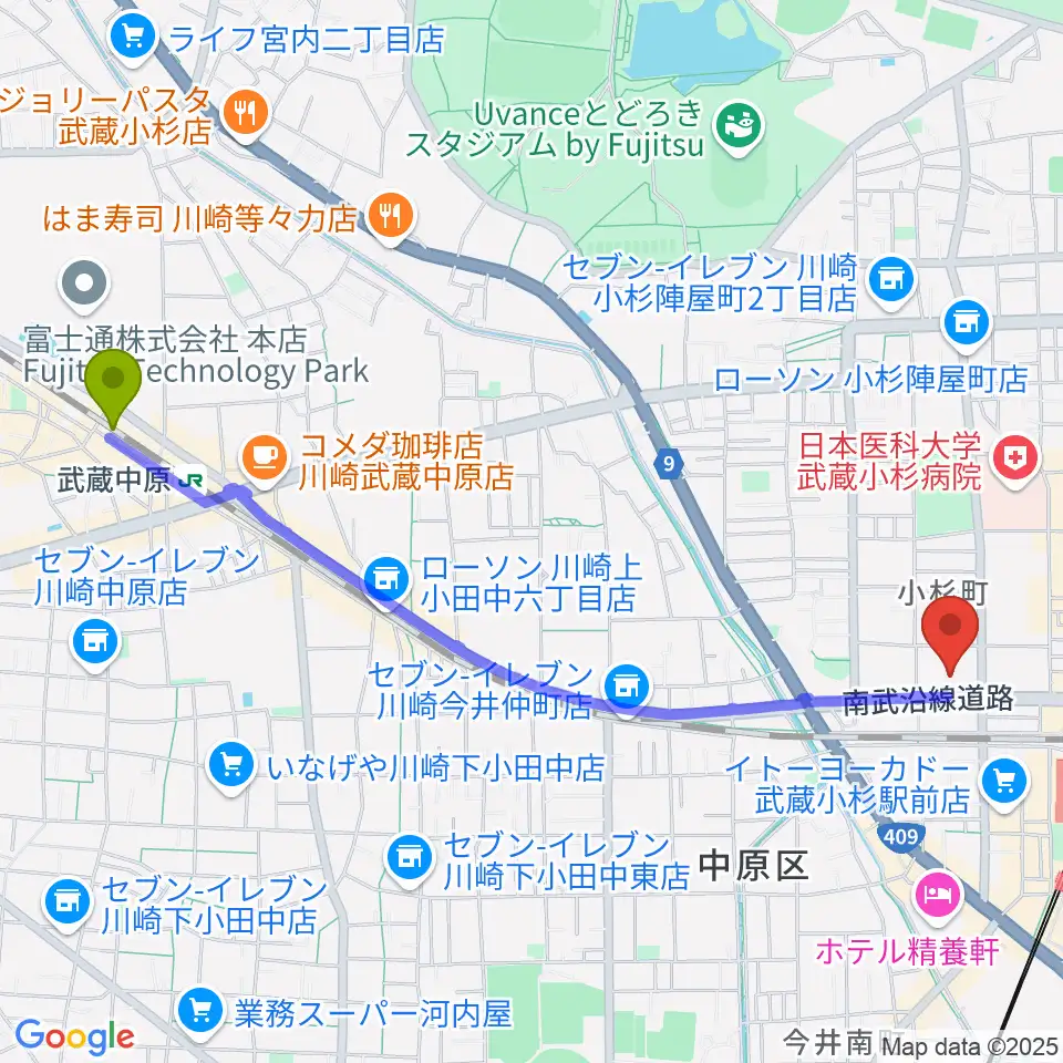 武蔵中原駅から昭和音楽大学附属音楽教室 武蔵小杉校へのルートマップ地図