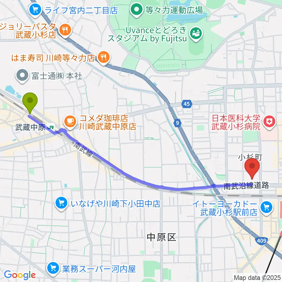 武蔵中原駅から昭和音楽大学附属音楽教室 武蔵小杉校へのルートマップ地図
