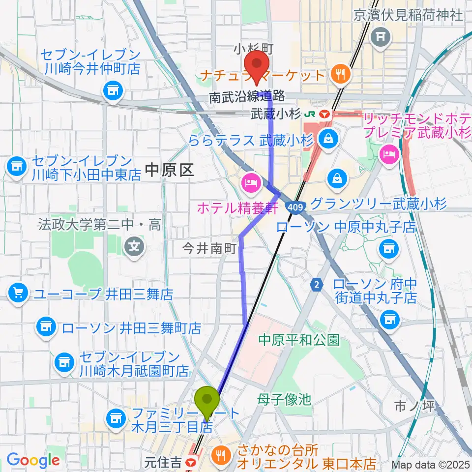 元住吉駅から昭和音楽大学附属音楽教室 武蔵小杉校へのルートマップ地図