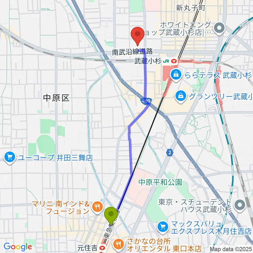 元住吉駅から昭和音楽大学附属音楽教室 武蔵小杉校へのルートマップ地図