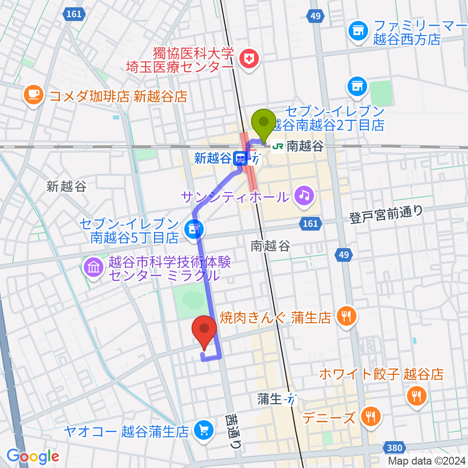 南越谷駅からこしがやエフエムへのルートマップ地図