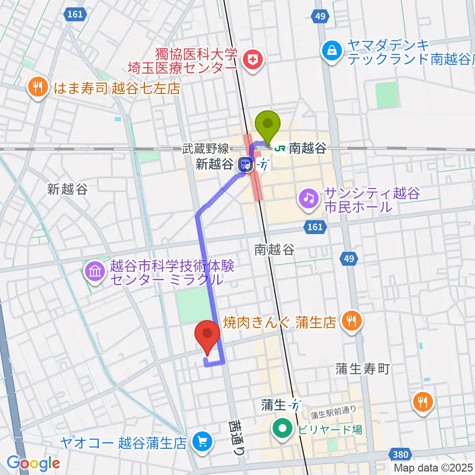 南越谷駅からこしがやエフエムへのルートマップ地図