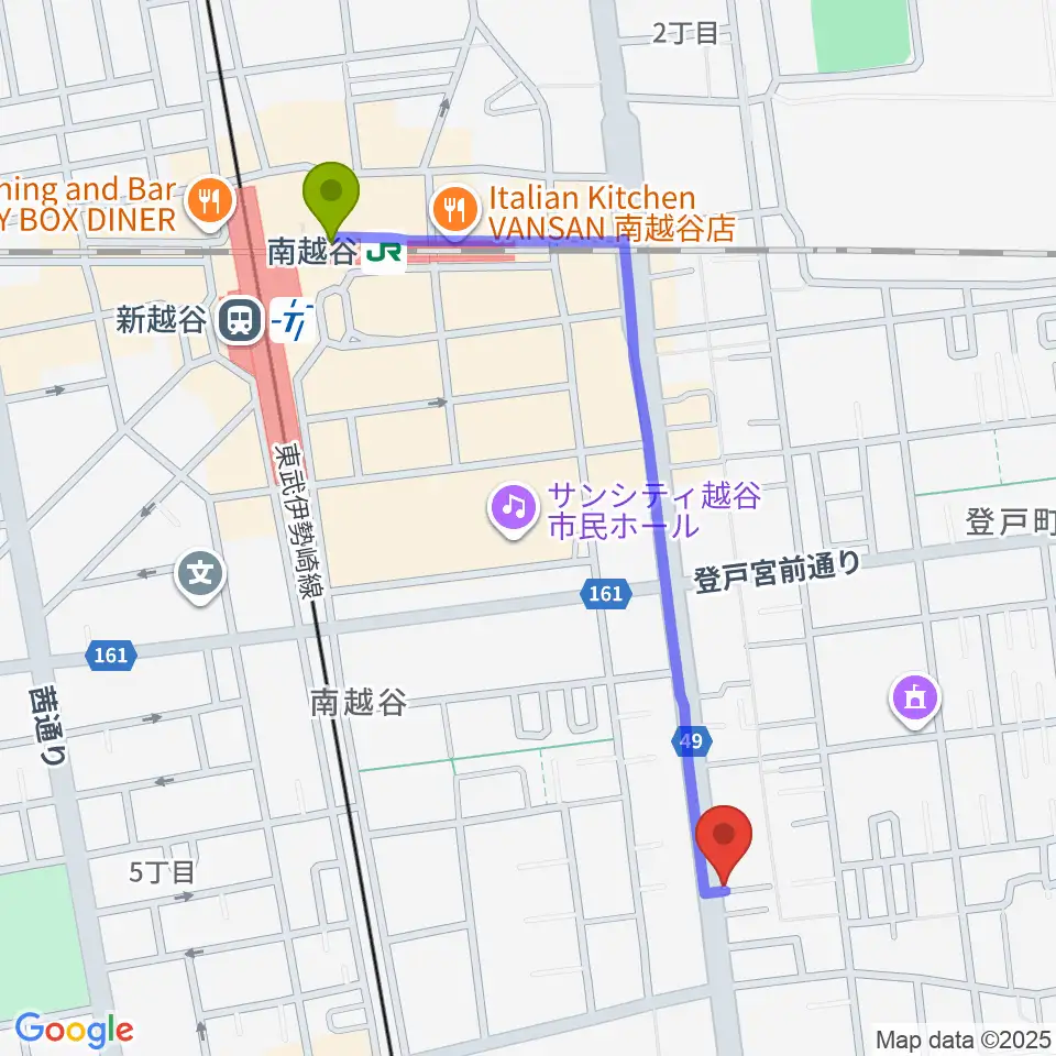 南越谷駅からこしがやエフエムへのルートマップ地図