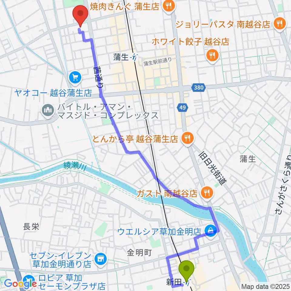 新田駅からこしがやエフエムへのルートマップ地図
