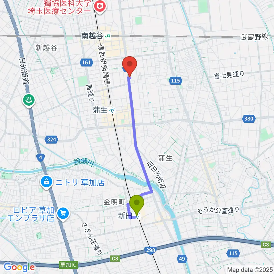 新田駅からこしがやエフエムへのルートマップ地図