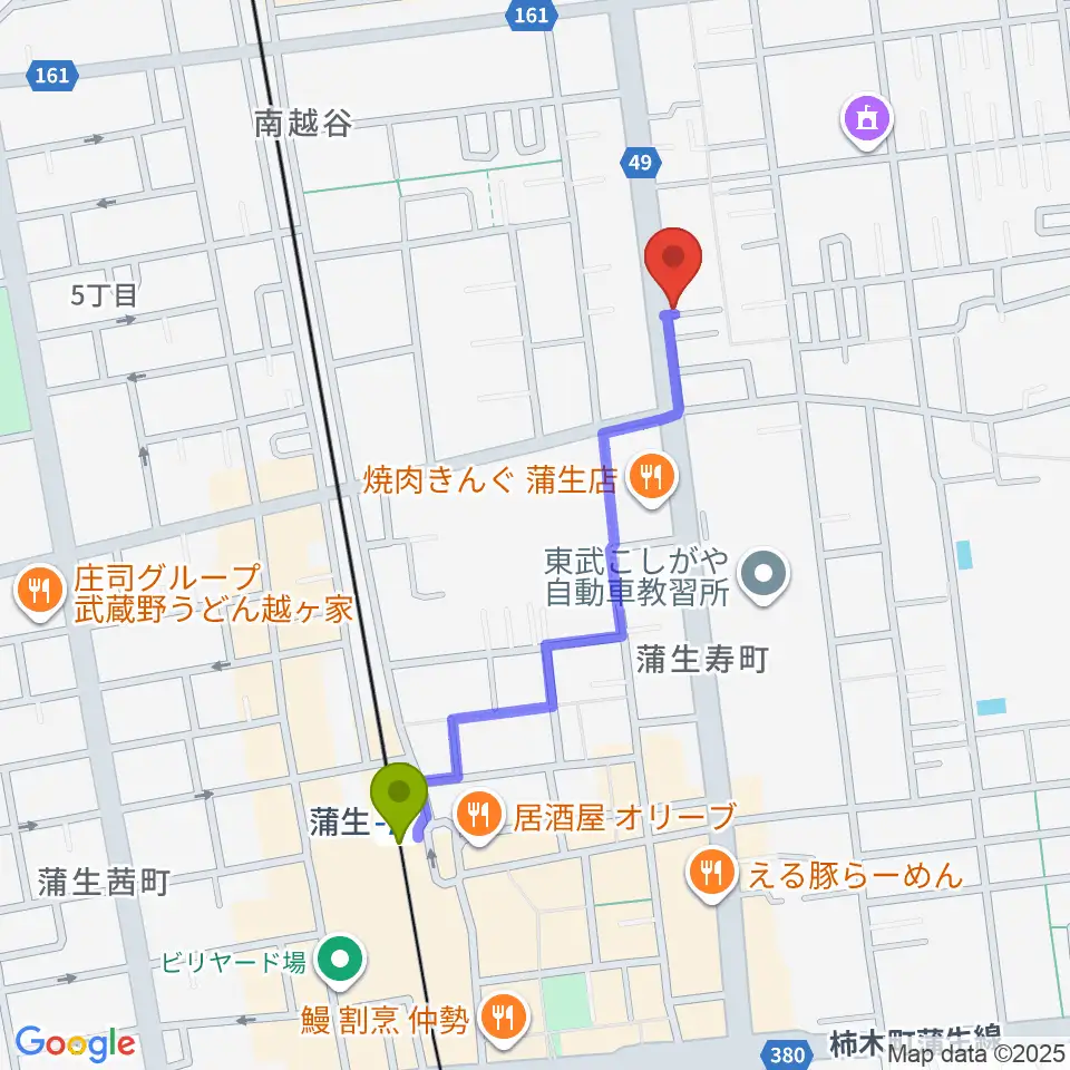 こしがやエフエムの最寄駅蒲生駅からの徒歩ルート（約9分）地図