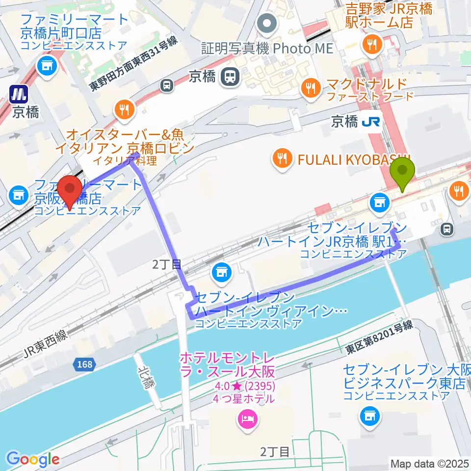 Jet Studioの最寄駅京橋駅からの徒歩ルート（約6分）地図