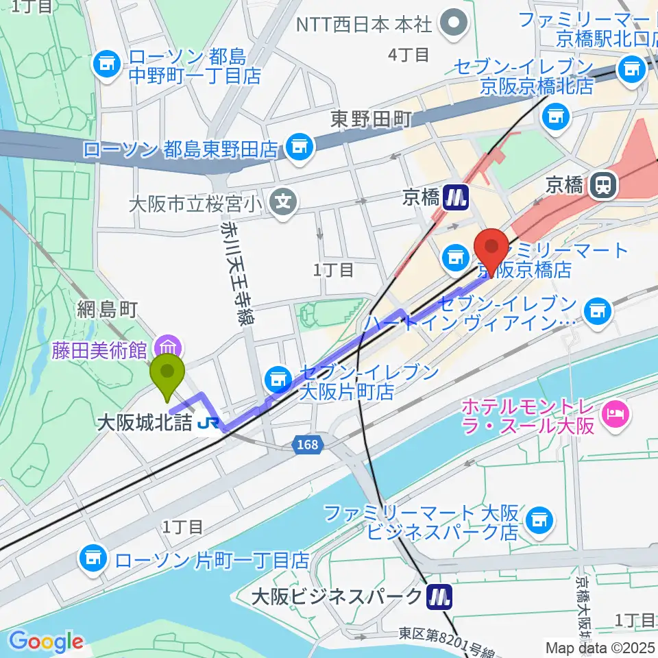 大阪城北詰駅からJet Studioへのルートマップ地図