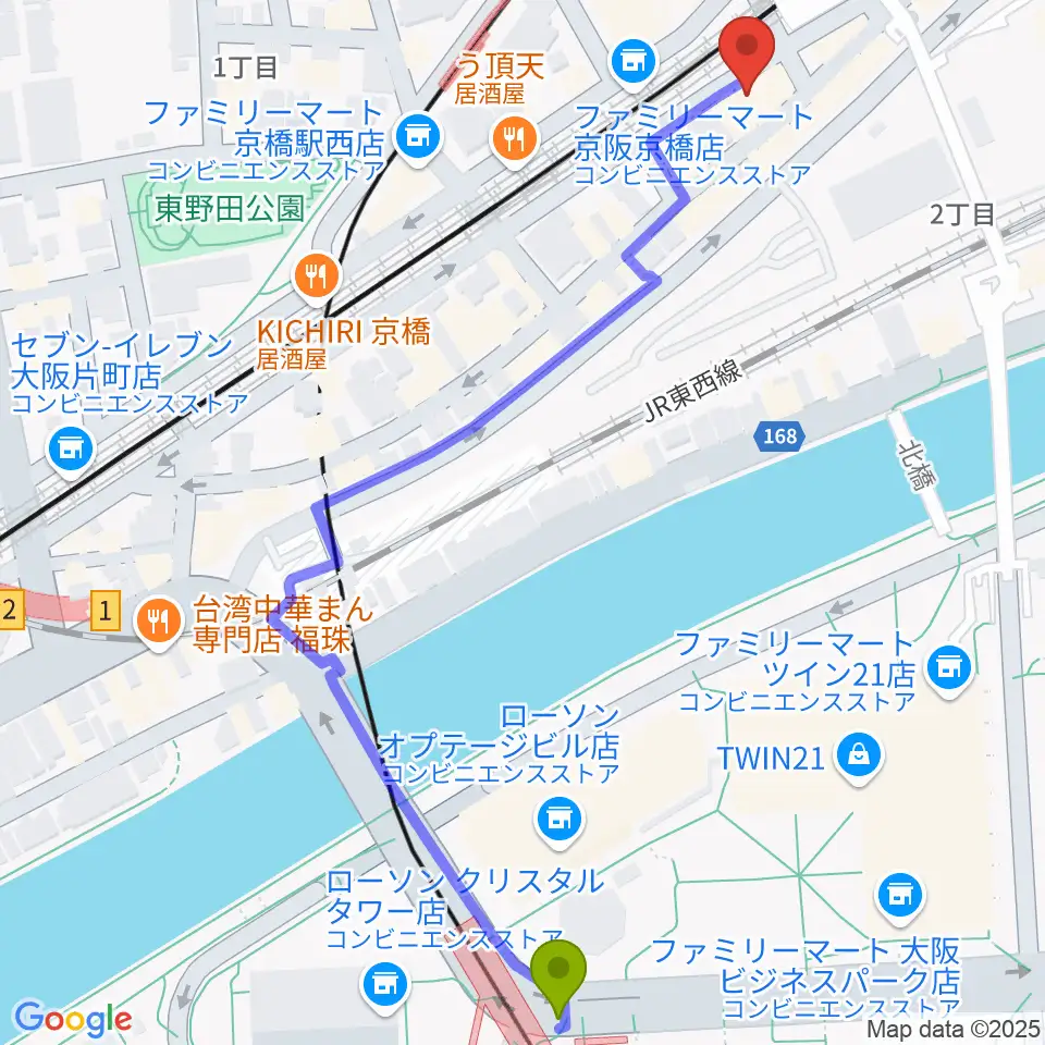 大阪ビジネスパーク駅からJet Studioへのルートマップ地図