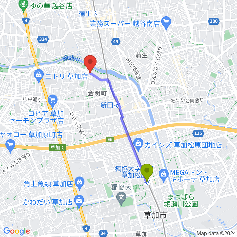 獨協大学前〈草加松原〉駅からはなピアノ音楽教室へのルートマップ地図