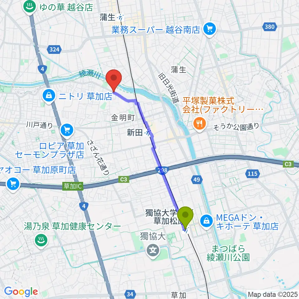 獨協大学前〈草加松原〉駅からはなピアノ音楽教室へのルートマップ地図