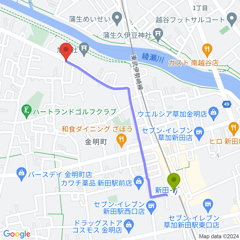 はなピアノ音楽教室の最寄駅新田駅からの徒歩ルート（約11分）地図