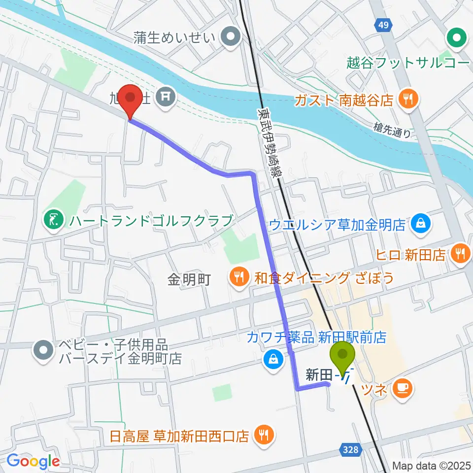 はなピアノ音楽教室の最寄駅新田駅からの徒歩ルート（約11分）地図