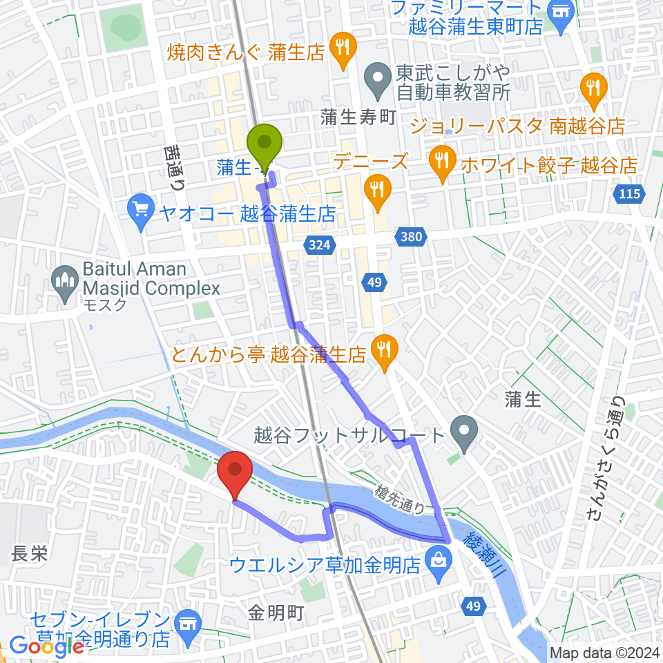 蒲生駅からはなピアノ音楽教室へのルートマップ地図