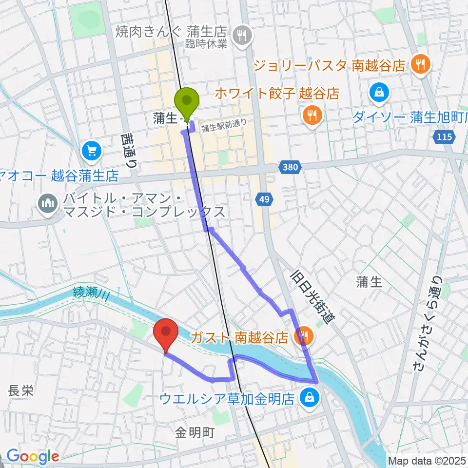 蒲生駅からはなピアノ音楽教室へのルートマップ地図