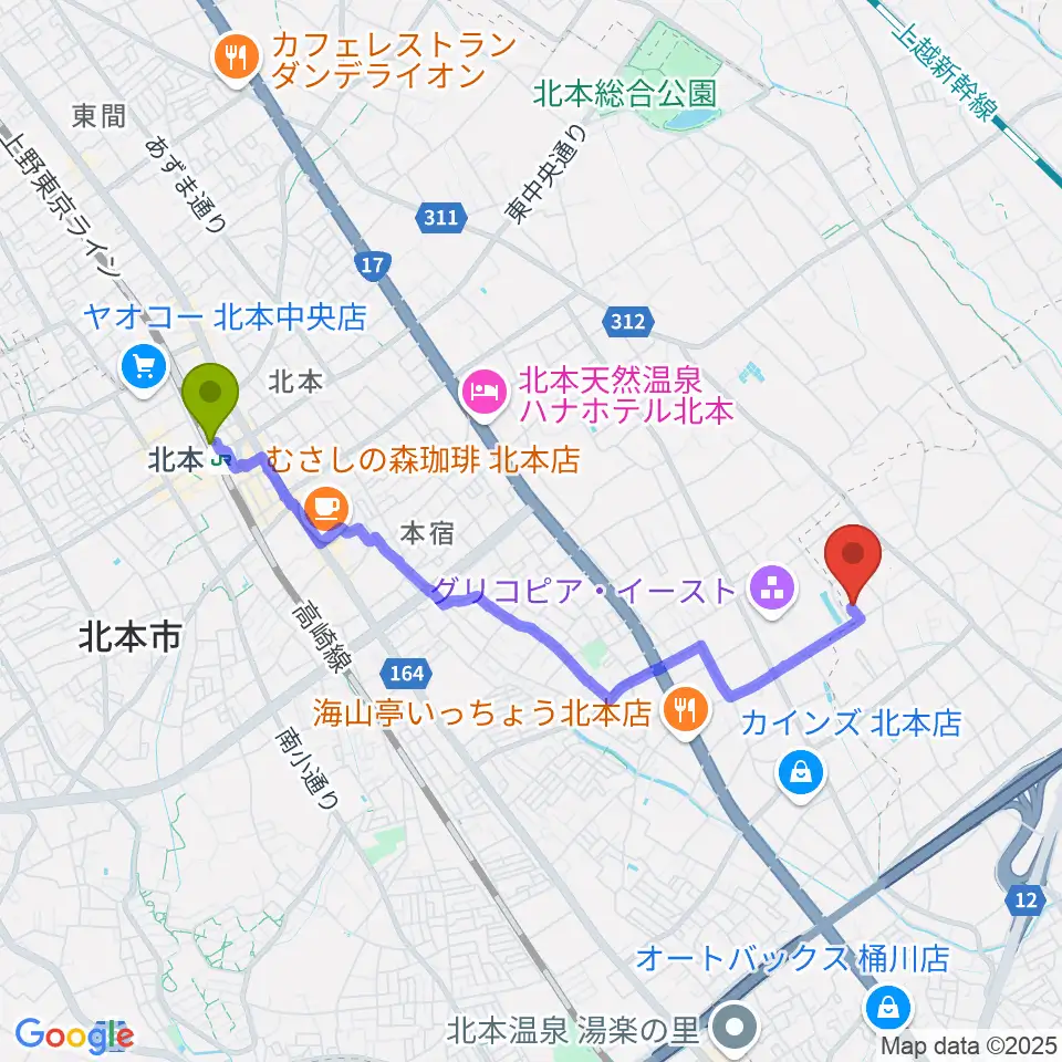 佐藤陵一トランペット教室の最寄駅北本駅からの徒歩ルート（約39分）地図