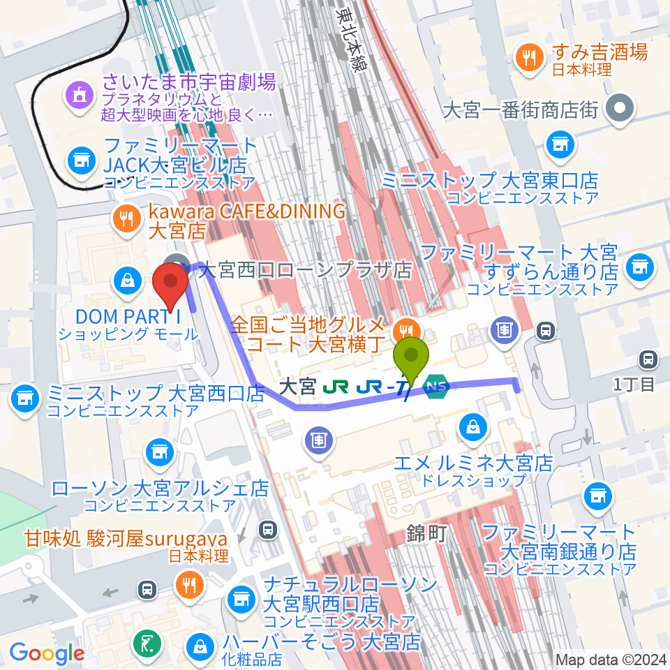 スパークリングスタジオ大宮の最寄駅大宮駅からの徒歩ルート 約3分 Mdata