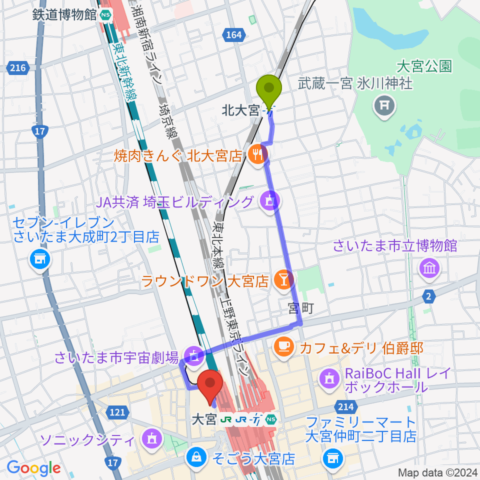 北大宮駅からスパークリングスタジオ大宮へのルートマップ地図