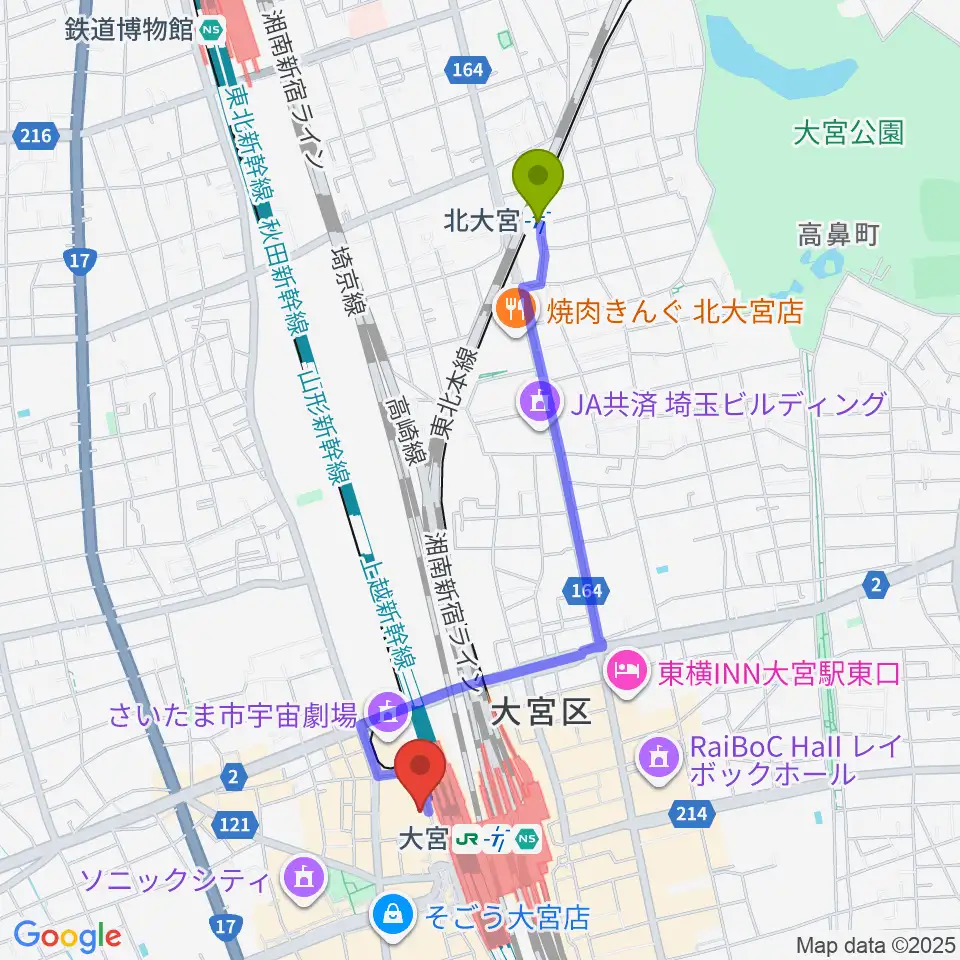 北大宮駅からスパークリングスタジオ大宮へのルートマップ地図