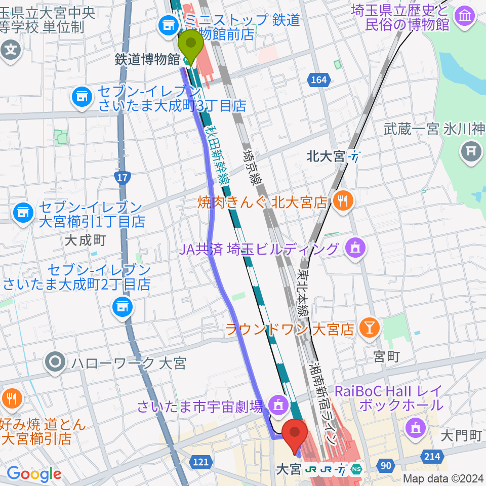 鉄道博物館駅からスパークリングスタジオ大宮へのルートマップ地図