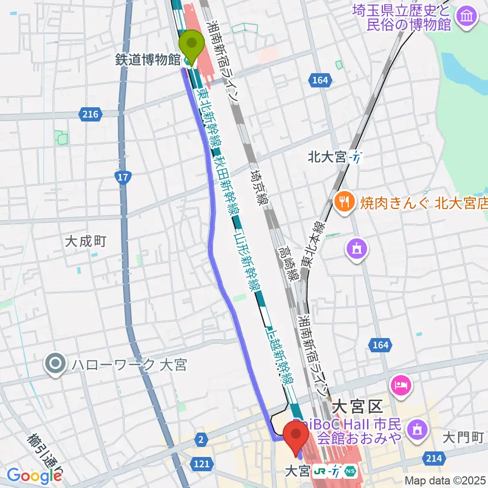 鉄道博物館駅からスパークリングスタジオ大宮へのルートマップ地図