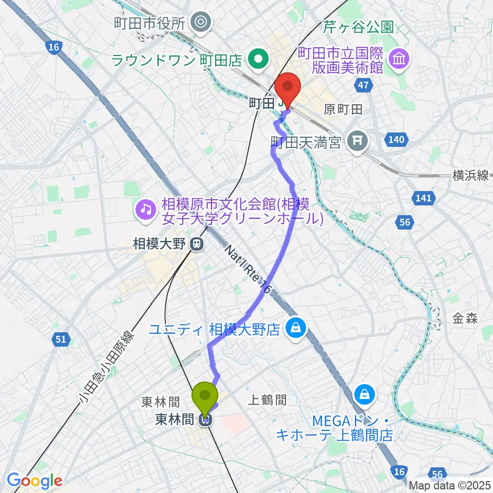 東林間駅から町田クラシックスへのルートマップ地図