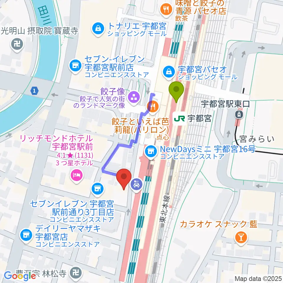 宇都宮STUDIO KENTの最寄駅宇都宮駅からの徒歩ルート（約3分）地図