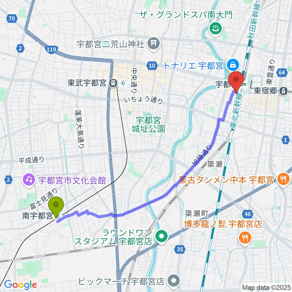 南宇都宮駅から宇都宮STUDIO KENTへのルートマップ地図