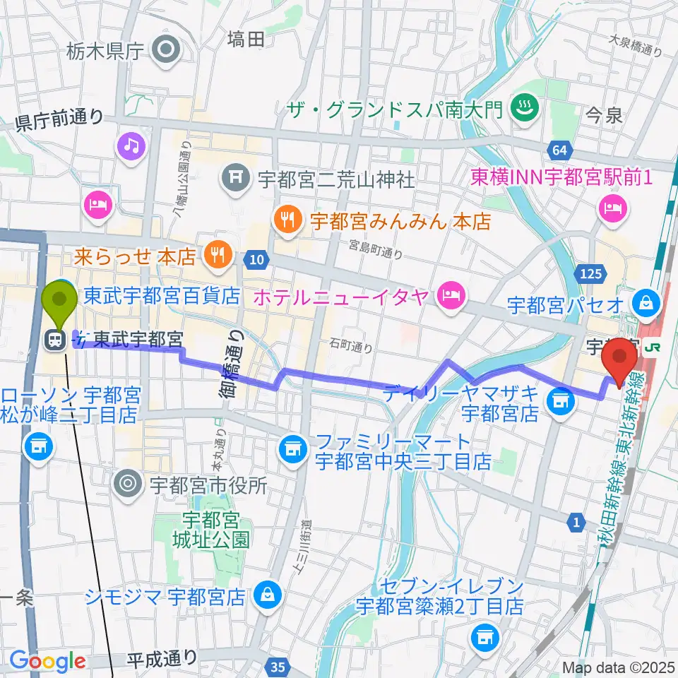 東武宇都宮駅から宇都宮STUDIO KENTへのルートマップ地図