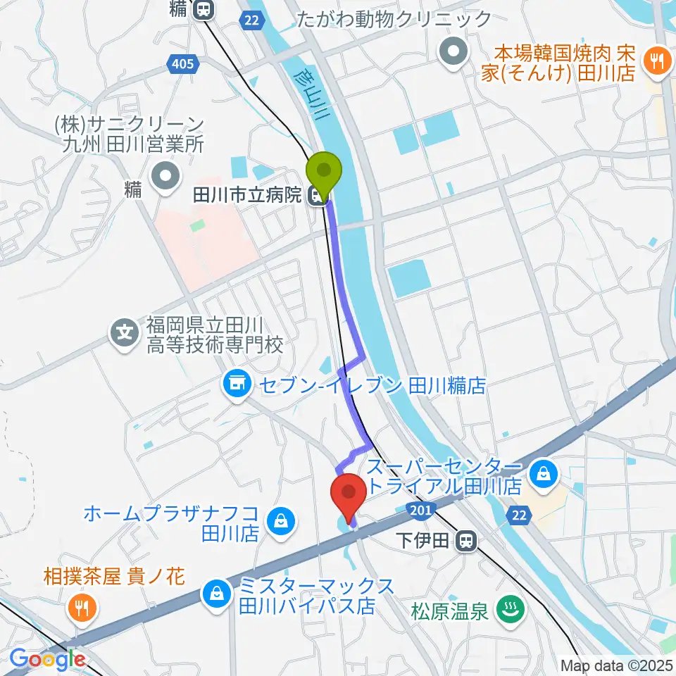 田川市立病院駅から田川LOTへのルートマップ地図